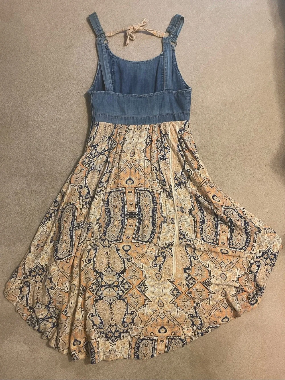 Free People Denim-Style Midi Dress with Navy Blue and Gold Accents